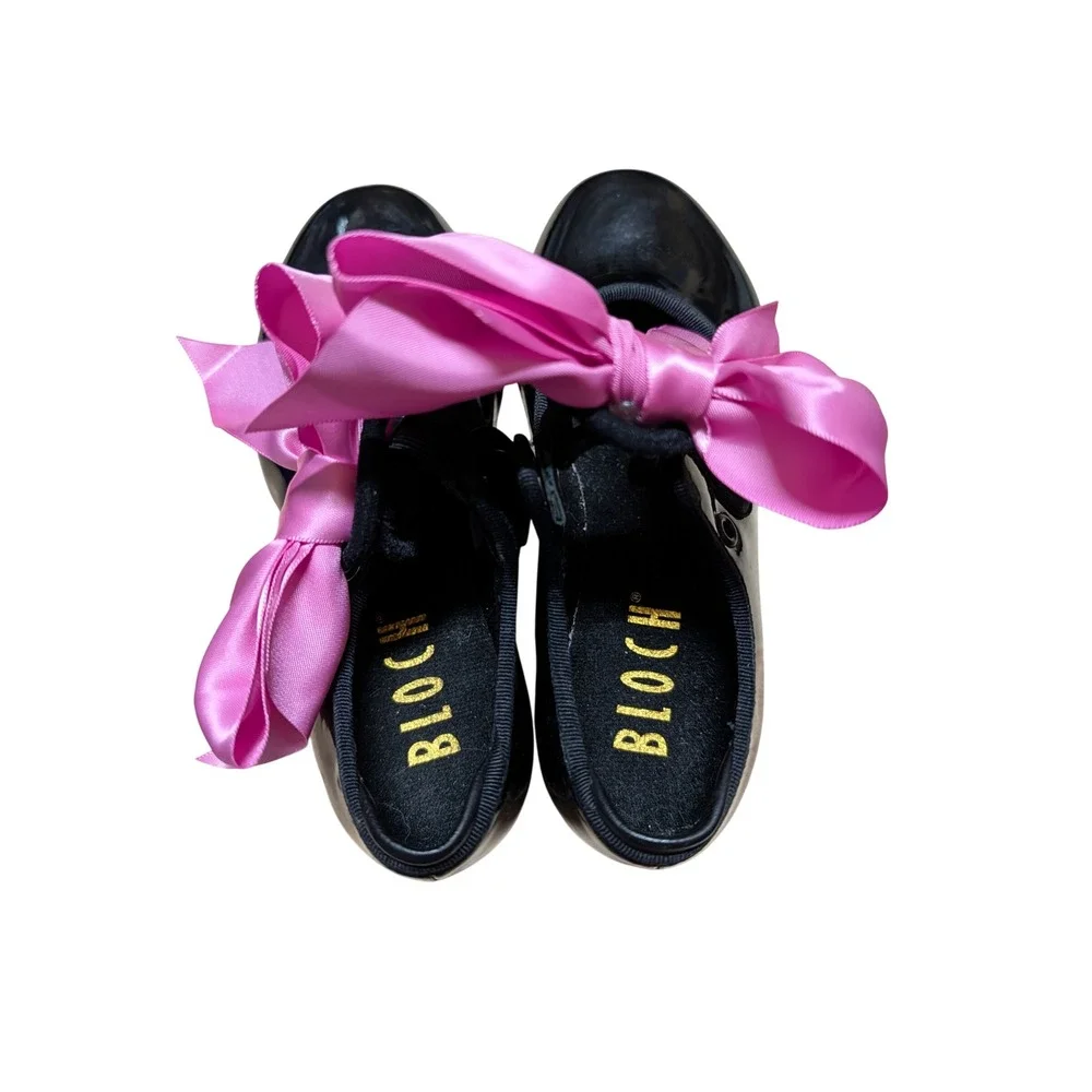 Bloch Tap Shoes Kids 10 M Black Good Patent Pink Ribbon Bow Techno Tap